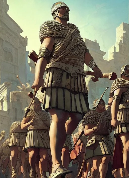 a roman army marching through a white roman city, glorious, epic scene, beautiful, pools, vegetation, in the style of artgerm, gerald brom, atey ghailan and mike mignola, vibrant colors and hard shadows and strong rim light, plain background, comic cover art, trending on artstation